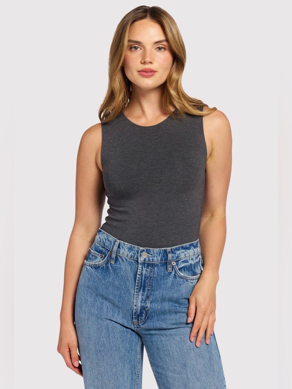 Nuuds Classic Crew Neck Sleeveless Bodysuit, Heather Charcol